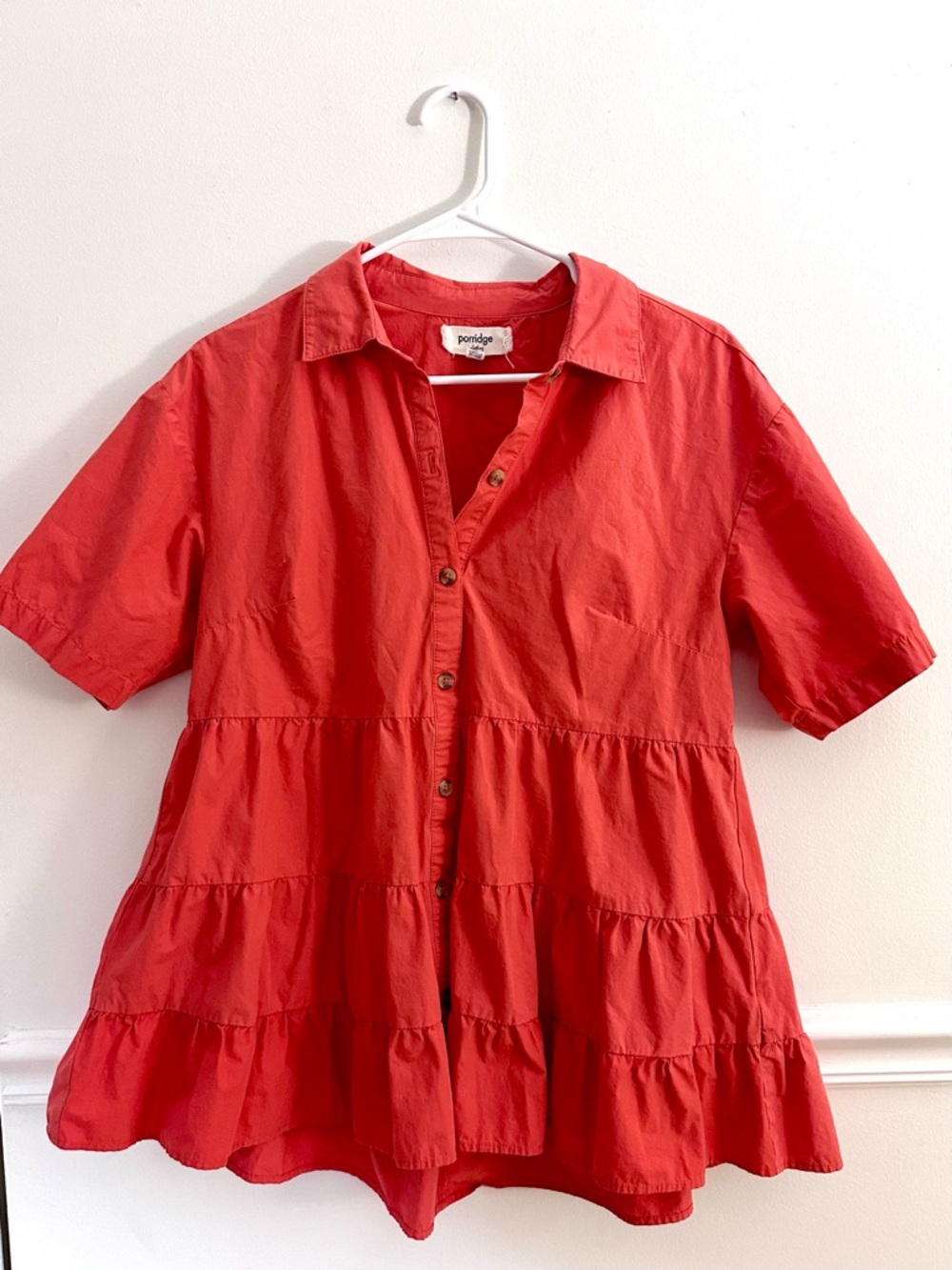 Anthropologie Porridge Bergen Red Tiered Babydoll Shirt Dress Small Boho